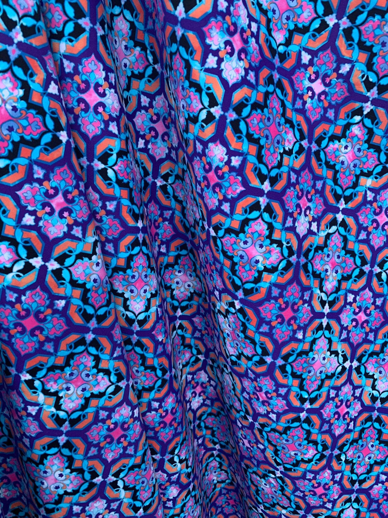 New heavy nylon spandex print Isabella design 4way Stretch 58/60" Sold by the YD. Ships worldwide from Los Angeles California USA.