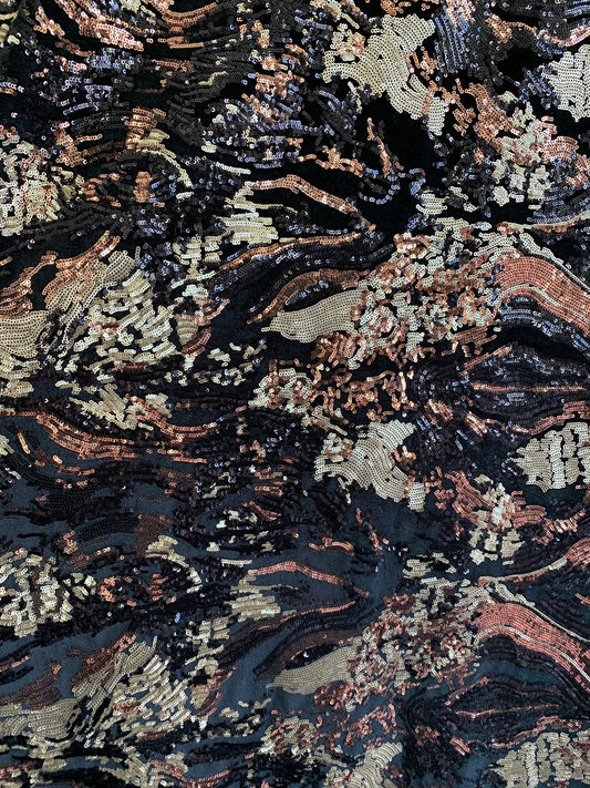 New sequins black/bronze/beige abstract design on stretch base 2way 58/60" Sold by the YD. Ships worldwide from Los Angeles California USA.