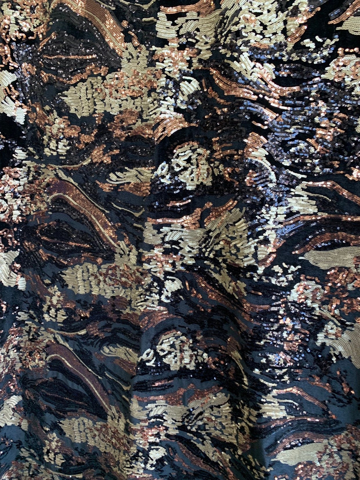 New sequins black/bronze/beige abstract design on stretch base 2way 58/60" Sold by the YD. Ships worldwide from Los Angeles California USA.