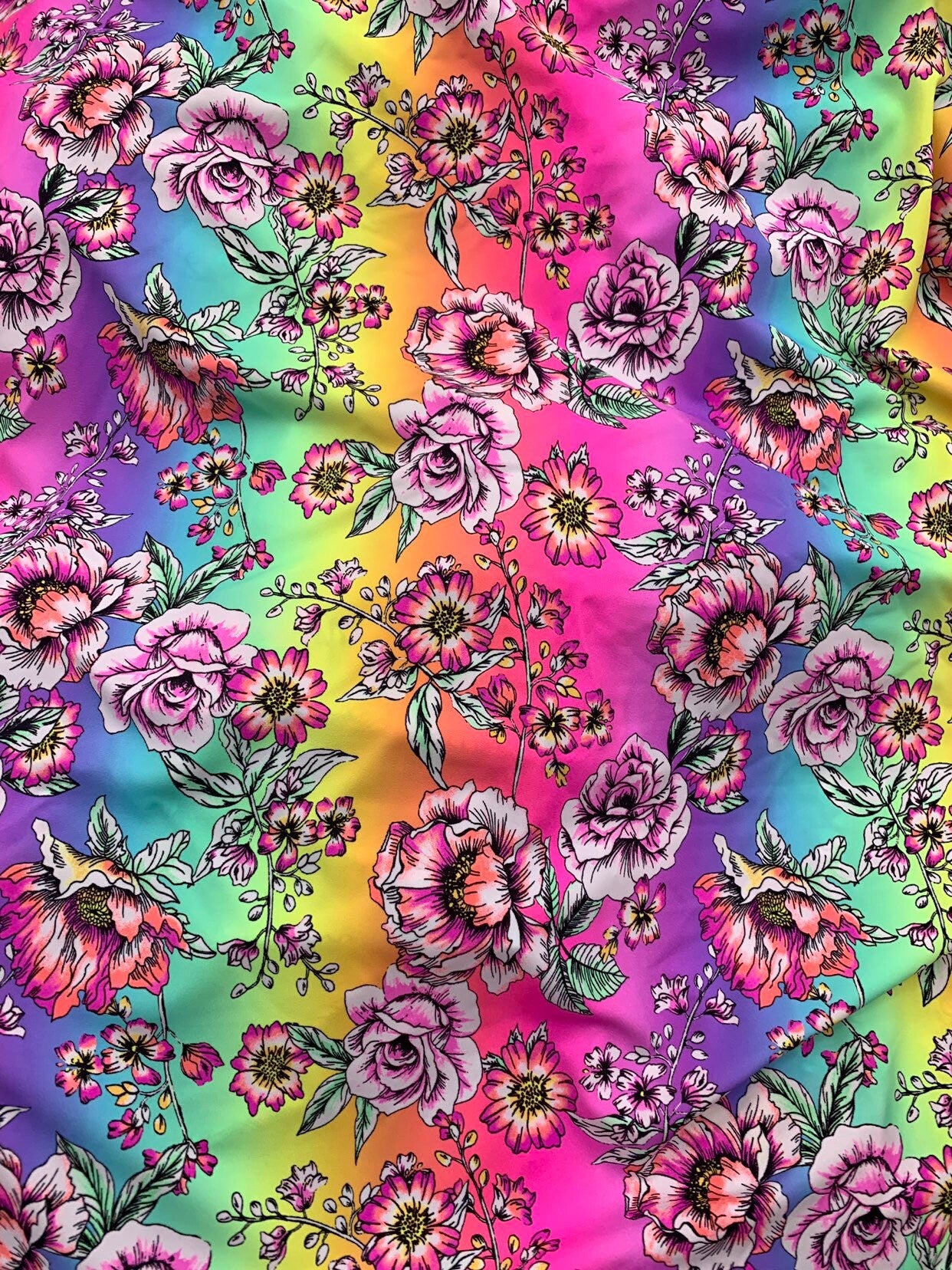 New flower design multicolor print on heavy nylon spandex 4way stretch 58/60" Sold by the  YD. Ships worldwide from Los Angeles California.