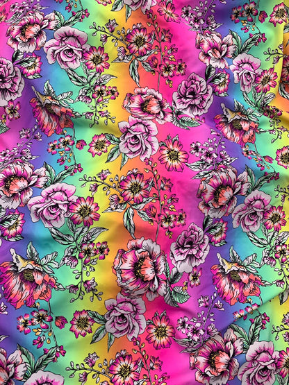 New flower design multicolor print on heavy nylon spandex 4way stretch 58/60" Sold by the  YD. Ships worldwide from Los Angeles California.