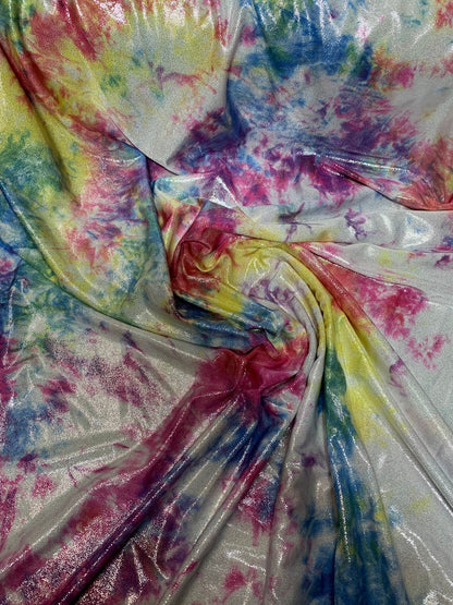 New tie dye metallic nylon spandex with foggy foil all over 4way stretch 58/60" Sold by the YD. Ships worldwide from Los Angeles California.