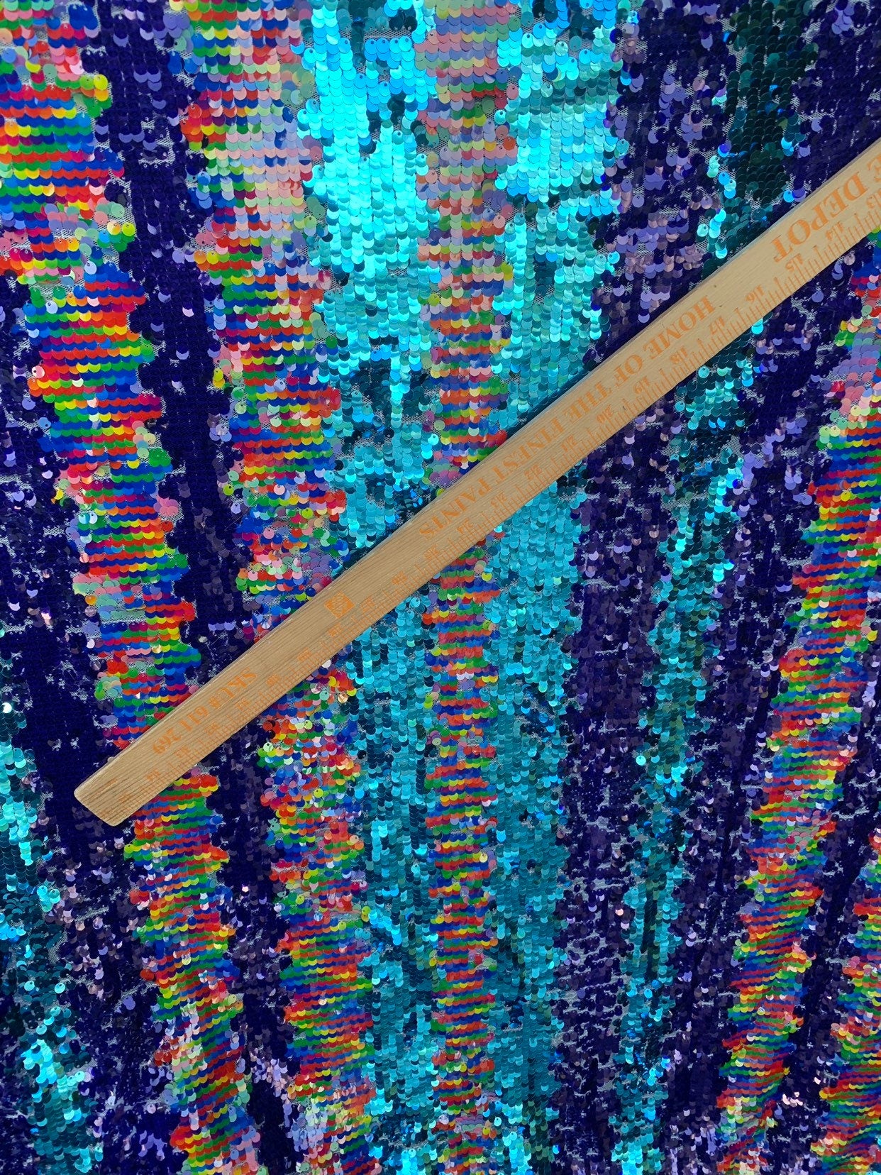 New sequins sapphire multicolor stripes design 2way stretch mesh base 57/58" Sold by the YD. Ships worldwide from Los Angeles California USA