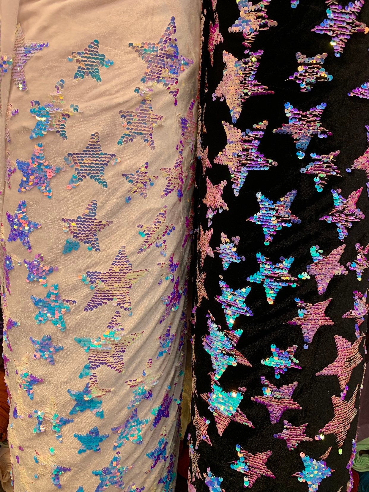 New stars design with iridescent reversible sequins on heavy stretch velvet 4way stretch 58/60" Sold by the YD. Ships worldwide from L.A CA.