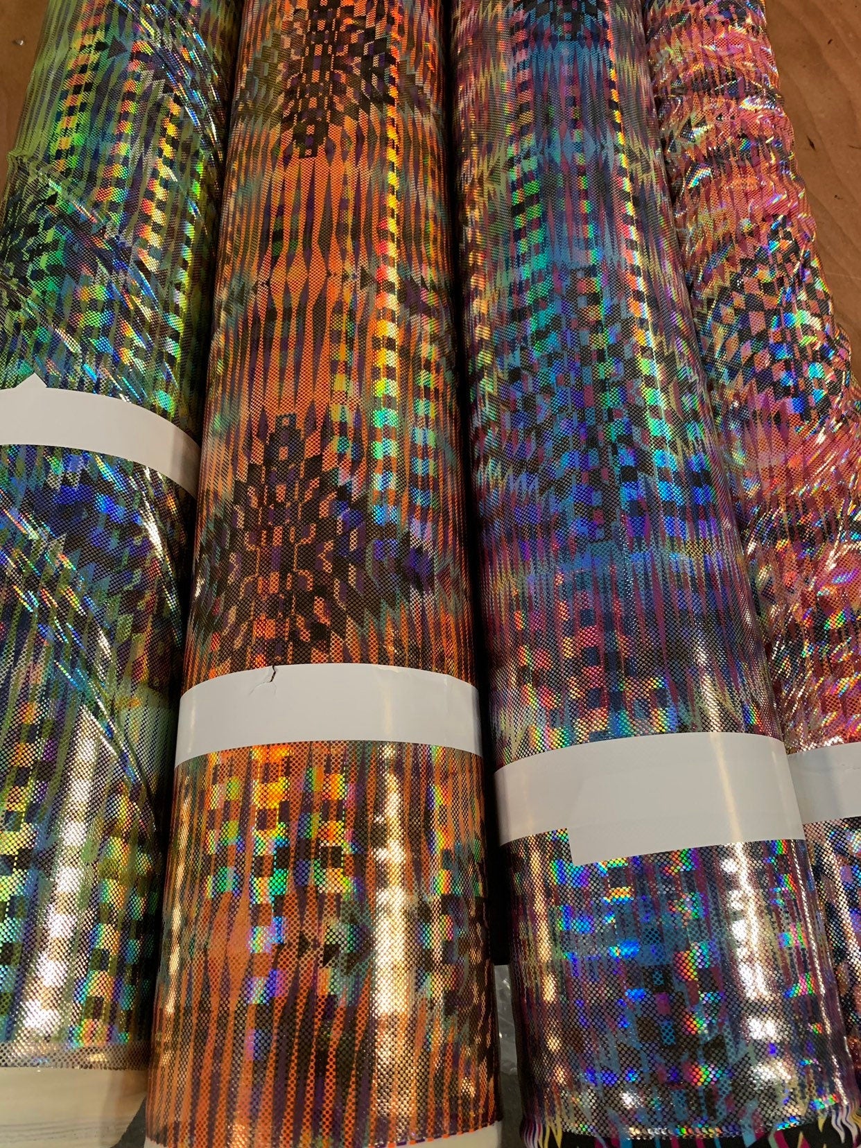 New 3D hologram diamond design iridescent metallic nylon spandex 4way stretch 58/60" Sold by the YD. Ships worldwide from Los Angeles CA USA