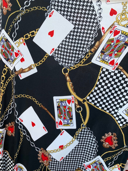 Multi chain and playing cards design print on nylon spandex 4way stretch 58/60" Sold by the YD. Ships worldwide from Los Angeles California.