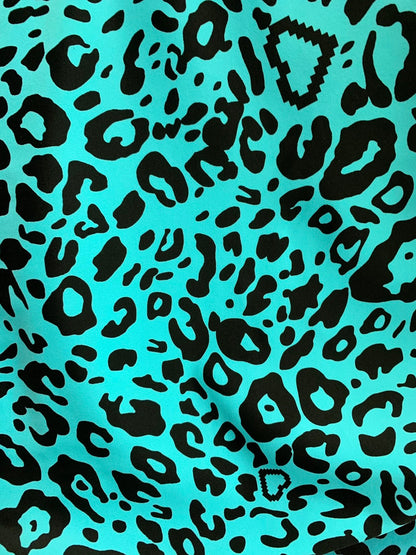 New leopard design Tiffany/black print on nylon spandex 4way stretch 58/60" Sold by the YD. Ships worldwide from Los Angeles California USA.