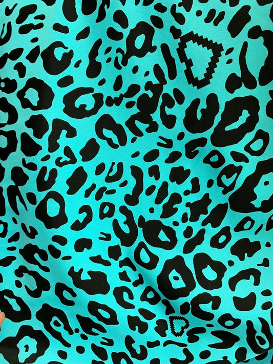 New leopard design Tiffany/black print on nylon spandex 4way stretch 58/60" Sold by the YD. Ships worldwide from Los Angeles California USA.