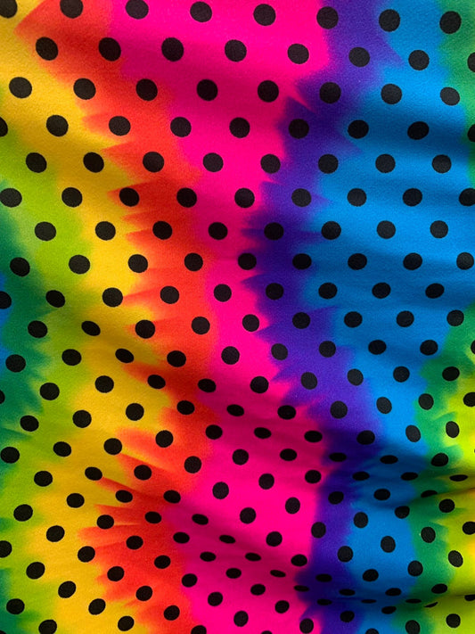 New rainbow polka dots design heavy nylon spandex 4way stretch 58/60" Sold by the YD. Ships worldwide from Los Ángeles California USA.