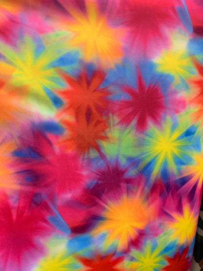 New tie dye multi stars design print on heavy nylon spandex 4way stretch 58/60" Sold by the YD. Ships worldwide from Los Angeles California