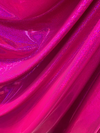 Hologram metallic dots hot pink fushia nylon spandex 4way stretch 58/60" Sold by the YD. Ships worldwide from Los Angeles California USA