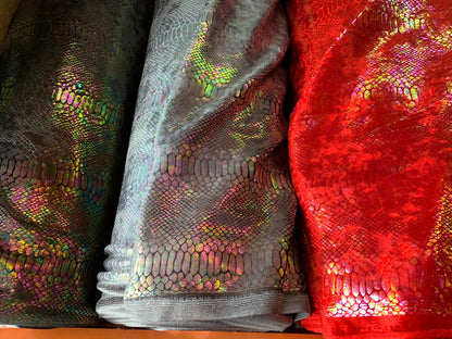 New Iridescent Alligator design hologram clear ilusión foil on heavy stretch velvet 4way stretch 58/60" Sold by the YD. Ships worldwide.