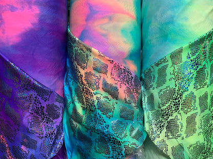 New Anaconda Holothin foil tie dye metallic nylon spandex 4way stretch 58/60" Sold by the YD. Ships worldwide from Los Ángeles California US