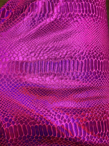 New fever snake design iridescent hologram foil on nylon spandex 4way stretch 58/60" Sold by the YD. Ships worldwide from Los Angeles CA.