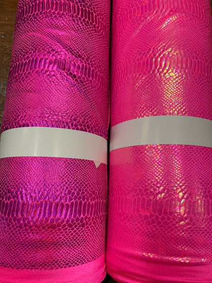 New fever snake design iridescent hologram foil on nylon spandex 4way stretch 58/60" Sold by the YD. Ships worldwide from Los Angeles CA.