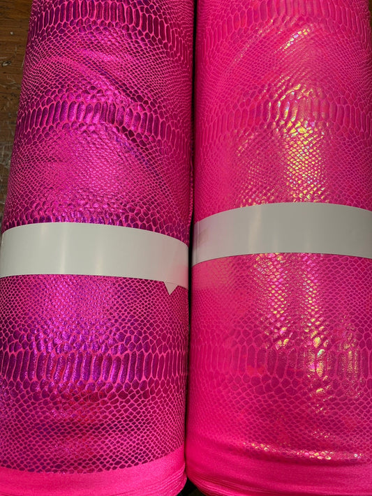 New fever snake design iridescent hologram foil on nylon spandex 4way stretch 58/60" Sold by the YD. Ships worldwide from Los Angeles CA.