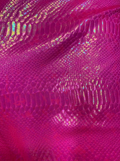 New fever snake design iridescent hologram foil on nylon spandex 4way stretch 58/60" Sold by the YD. Ships worldwide from Los Angeles CA.