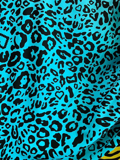 New leopard design blue/black nylon spandex 4way stretch 58/60" Sold by the YD. Ships worldwide from Los Angeles California USA.