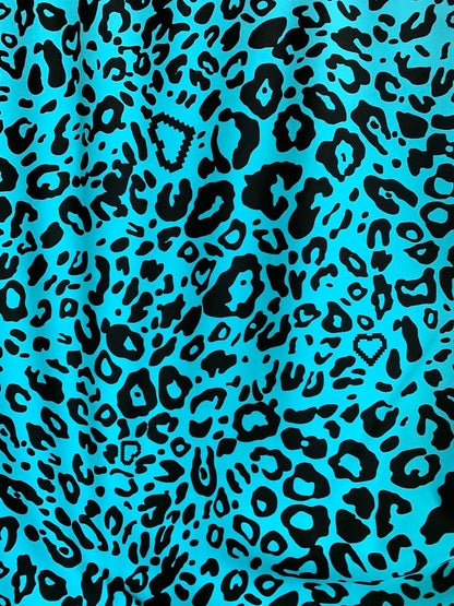 New leopard design blue/black nylon spandex 4way stretch 58/60" Sold by the YD. Ships worldwide from Los Angeles California USA.