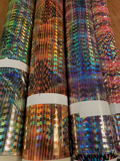 New 3D hologram diamond design iridescent metallic nylon spandex 4way stretch 58/60" Sold by the YD. Ships worldwide from Los Angeles CA USA