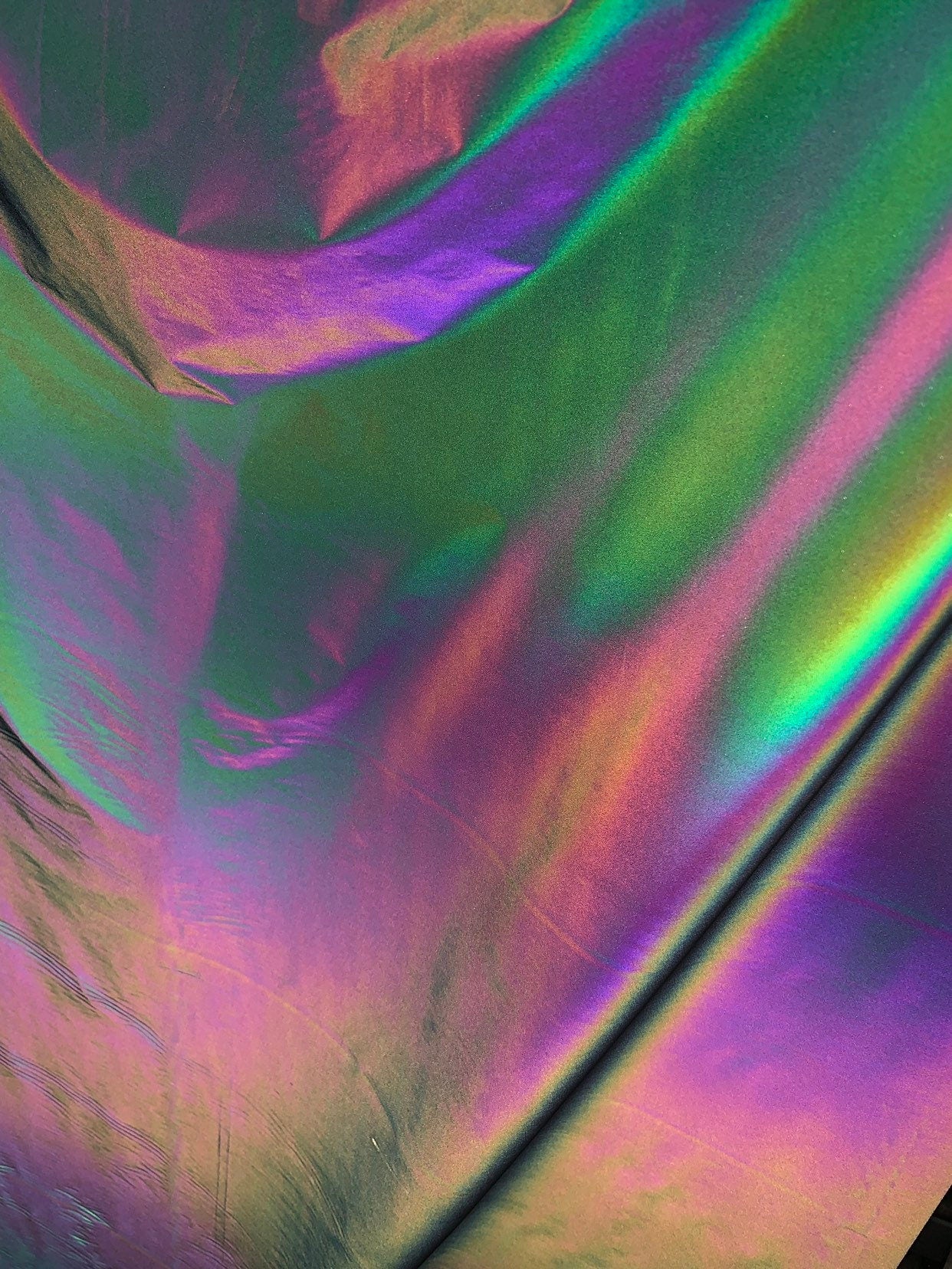 New rainbow reflective light weight vinyl non stretch 58/60" Sold by the YD. Ships worldwide from Los Angeles California USA.