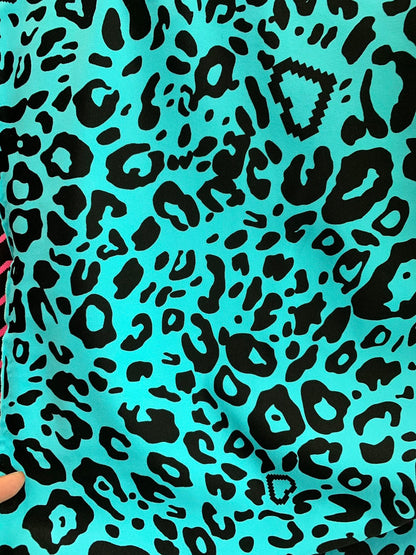 New leopard design Tiffany/black print on nylon spandex 4way stretch 58/60" Sold by the YD. Ships worldwide from Los Angeles California USA.