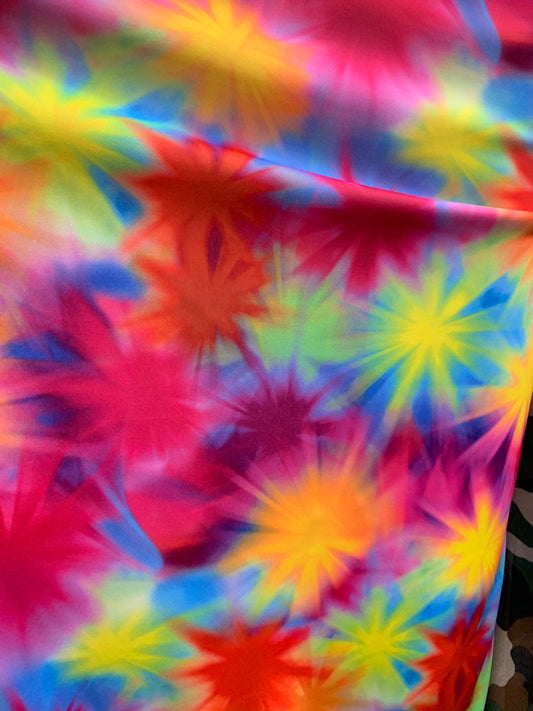 New tie dye multi stars design print on heavy nylon spandex 4way stretch 58/60" Sold by the YD. Ships worldwide from Los Angeles California