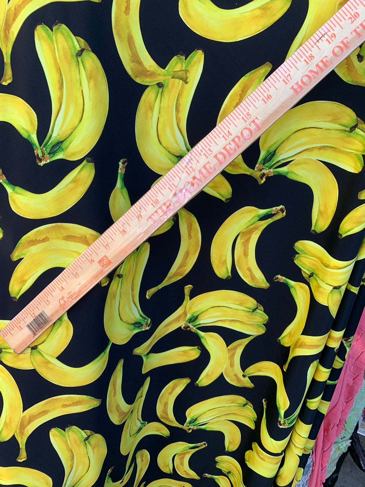 New bananas design black/yellow print on nylon spandex 4way stretch 58/60" Sold by the YD. Ships worldwide from Los Angeles California USA.