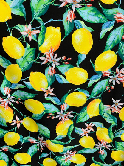 New yellow lemons design print on fine quality of nylon spandex 4way spandex 58/60" Sold by the YD. Ships worldwide from Los Angeles CA USA