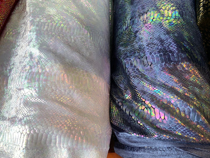 New Iridescent Alligator design hologram clear ilusión foil on heavy stretch velvet 4way stretch 58/60" Sold by the YD. Ships worldwide.