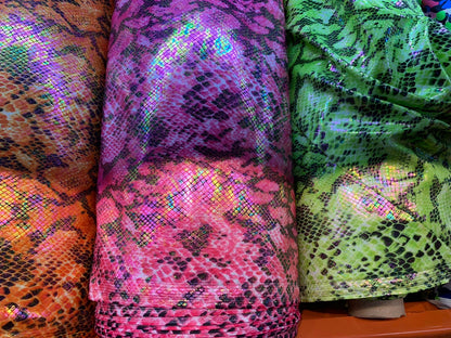 New Iridescent Cobra snake design with holo ilusión foil all over print in nylon spandex 4way stretch 58/60" Sold by the YD. Ships worldwide