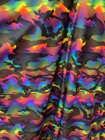 New camouflage multicolor print on nylon spandex 4way stretch 58/60" Sold by the YD. Ships worldwide from Los Angeles California USA.