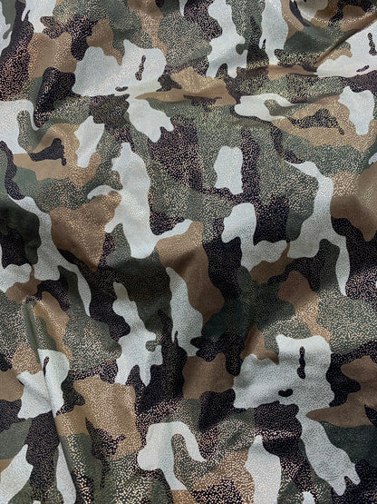 New metallic nylon spandex camouflage with all over foggy foil 4way stretch 58/60" Sold by the YD. Ships worldwide from Los Angeles CA USA.