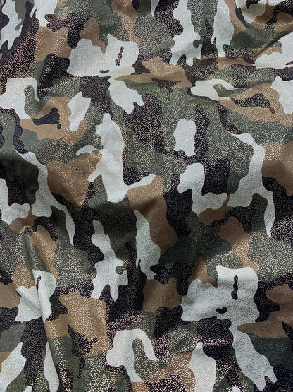 New metallic nylon spandex camouflage with all over foggy foil 4way stretch 58/60" Sold by the YD. Ships worldwide from Los Angeles CA USA.