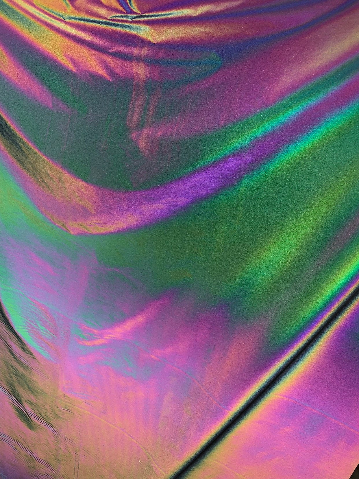 New rainbow reflective light weight vinyl non stretch 58/60" Sold by the YD. Ships worldwide from Los Angeles California USA.