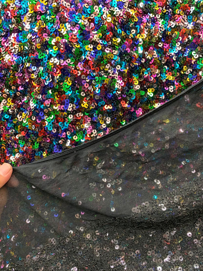 New multicolor sequins 5mm Shakira design on stretch mesh 4way stretch 55/57" Sold by the YD. Ships worldwide from Los Angeles California US