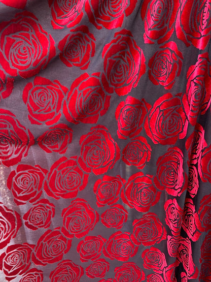 New rose design burnout velvet 4way stretch black/red 58/60" Sold by the YD. Ships worldwide from Los Angeles California USA.