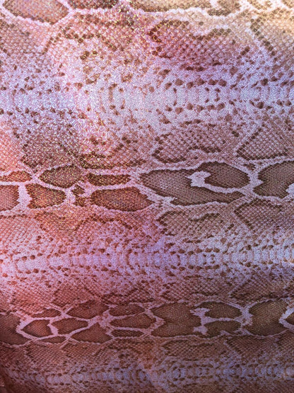 New rose gold metallic snake design nylon spandex with hologram foggy foil 4way stretch 58/60" Sold by the YD. Ships worldwide from L.A CA.