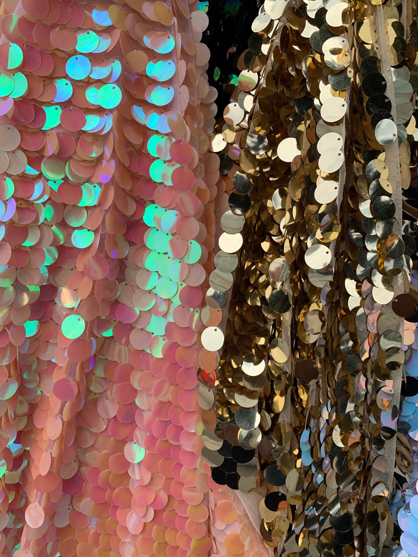 New mermaid Sequins with Big Paillette Sequins On Stretch Mesh 2-Way Stretch 58/60" Sold BY The YD. Ships Worldwide From Los Ángeles Ca.