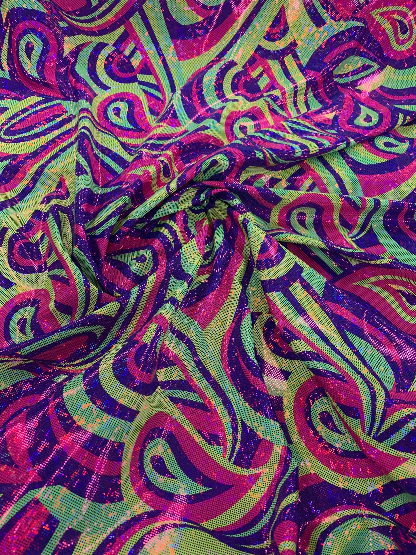 New Modern Paisley Design Hologram Metallic Nylon Spandex 4-Way Stretch 58/60" Sold By The Yd. Ships Worldwide From Los Angeles California.