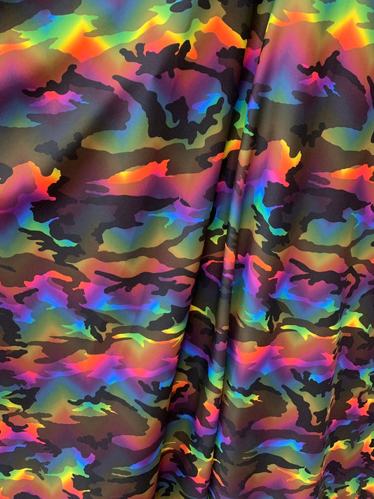 New camouflage multicolor print on nylon spandex 4way stretch 58/60" Sold by the YD. Ships worldwide from Los Angeles California USA.