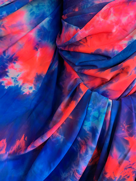 New Tie Dye Blue/Red/Pink Print On Heavy Nylon Spandex 4-Way Stretch 58/60" Sold By The YD. Ships Worldwide From Los Angeles California USA.