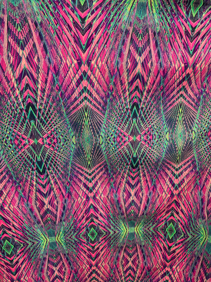 New 3D Geometric Design Pink/Green  Nylon Spandex  4-Way Stretch 58/60" Sold By The YD. Ships Worldwide From Los Angeles California USA.