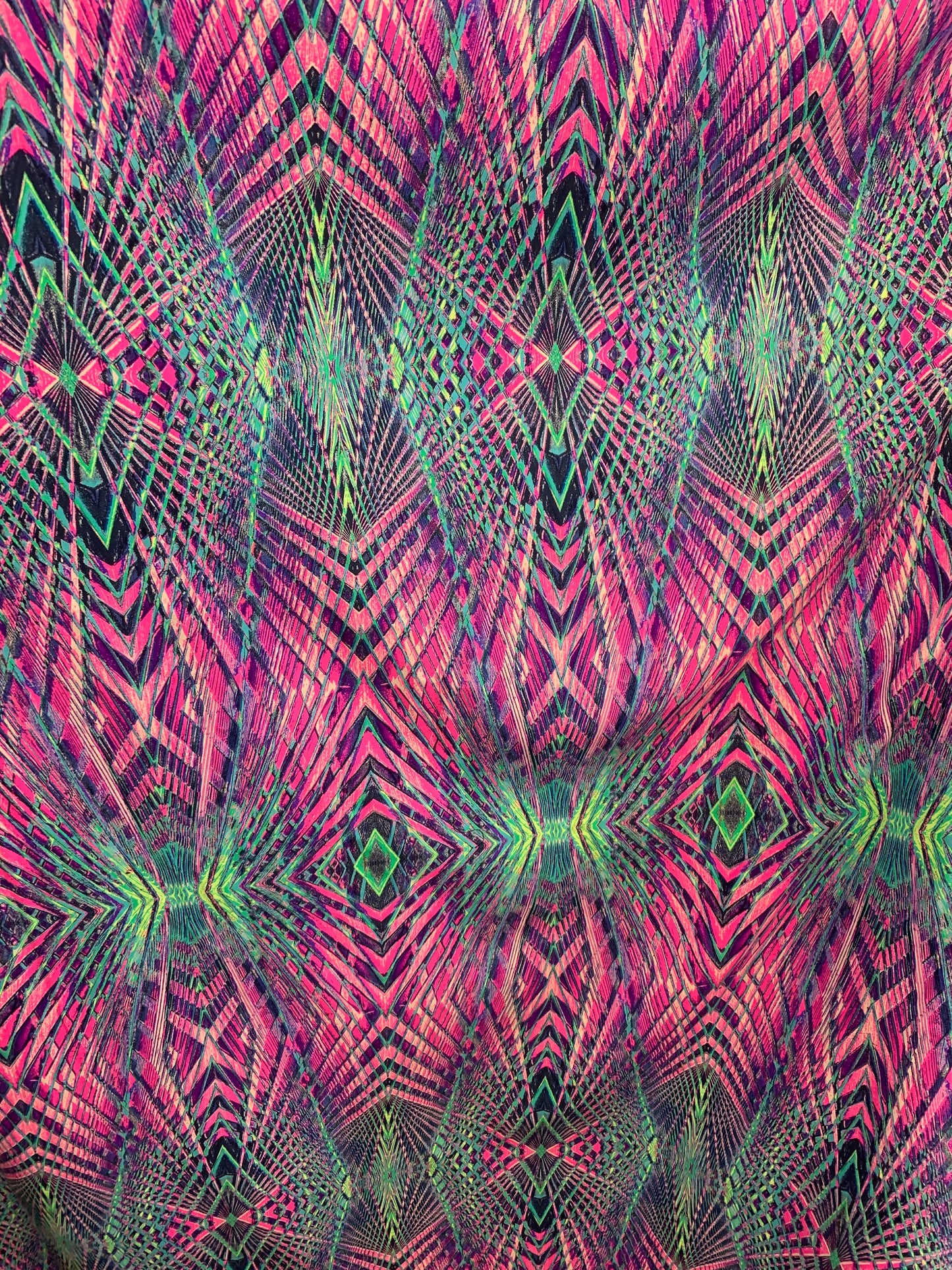 New 3D Geometric Design Pink/Green  Nylon Spandex  4-Way Stretch 58/60" Sold By The YD. Ships Worldwide From Los Angeles California USA.