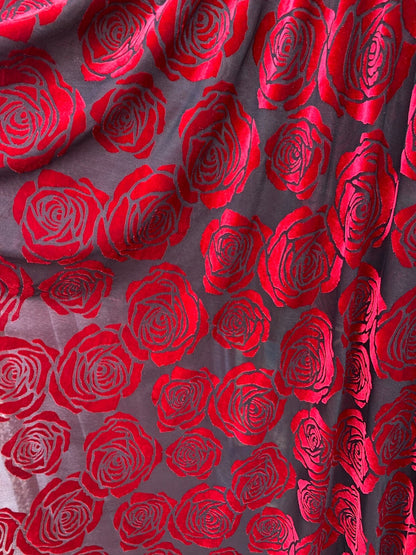 New rose design burnout velvet 4way stretch black/red 58/60" Sold by the YD. Ships worldwide from Los Angeles California USA.