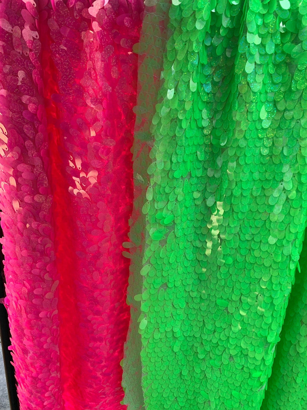 New teardrops sequins medium size neon colors shining sequins on stretch mesh 55/57" Sold by the YD. Ships worldwide from Los Angeles CA USA