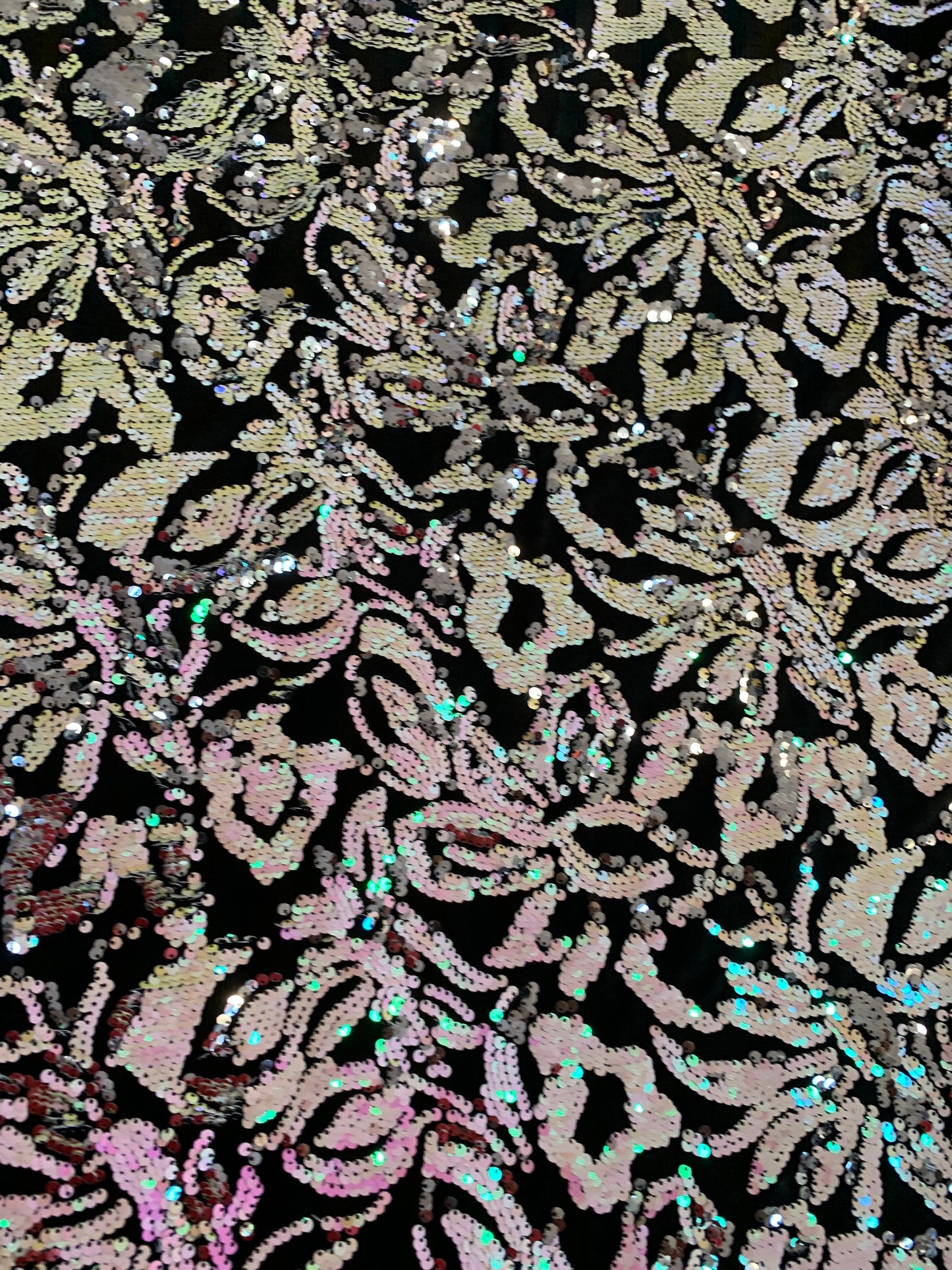 New Iridescent flashback flower design reversible sequins 2-tone on stretch velvet 4way 57/58" Sold by the YD. Ships worldwide from L.A CA.