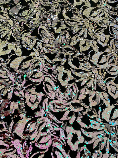 New Iridescent flashback flower design reversible sequins 2-tone on stretch velvet 4way 57/58" Sold by the YD. Ships worldwide from L.A CA.