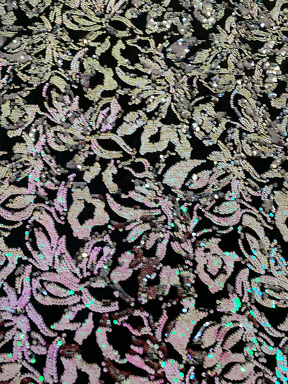 New Iridescent flashback flower design reversible sequins 2-tone on stretch velvet 4way 57/58" Sold by the YD. Ships worldwide from L.A CA.