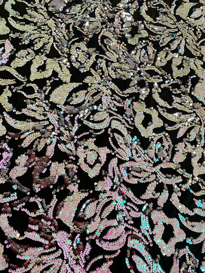 New Iridescent flashback flower design reversible sequins 2-tone on stretch velvet 4way 57/58" Sold by the YD. Ships worldwide from L.A CA.